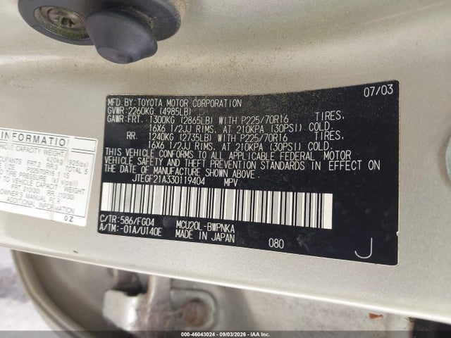 2003 Toyota Highlander V6 მანქანა იყიდება აუქციონზე, vin: JTEGF21A330119404, აუქციონის ნომერი: 46043024