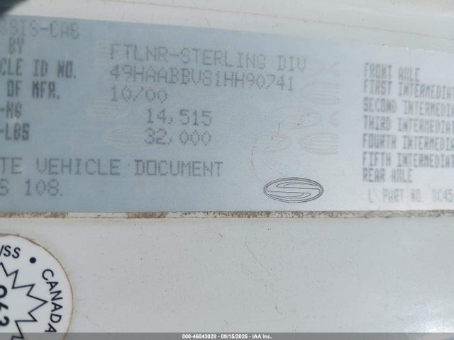 46043028 :رقم المزاد ، 49HAABBV81HH90741 vin ، 2001 Sterling Truck Sc 7000 مزاد بيع