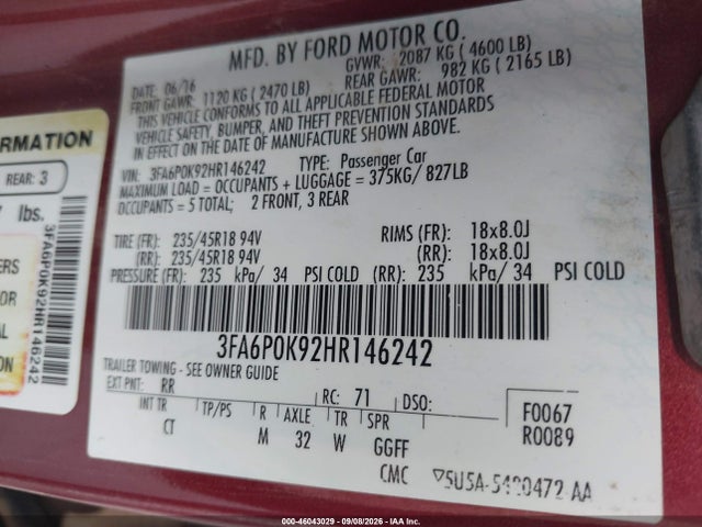 Aukcja sprzedaży 2017 Ford Fusion Titanium, vin: 3FA6P0K92HR146242, numer aukcji: 46043029