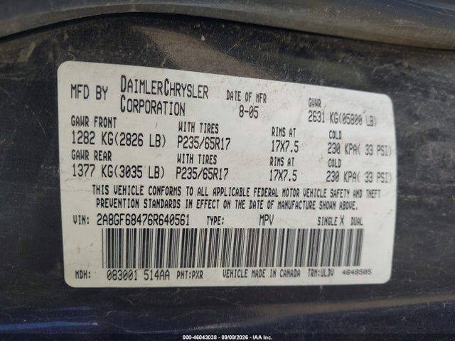 Продажа на аукционе авто 2006 Chrysler Pacifica Touring, vin: 2A8GF68476R640561, номер лота: 46043038