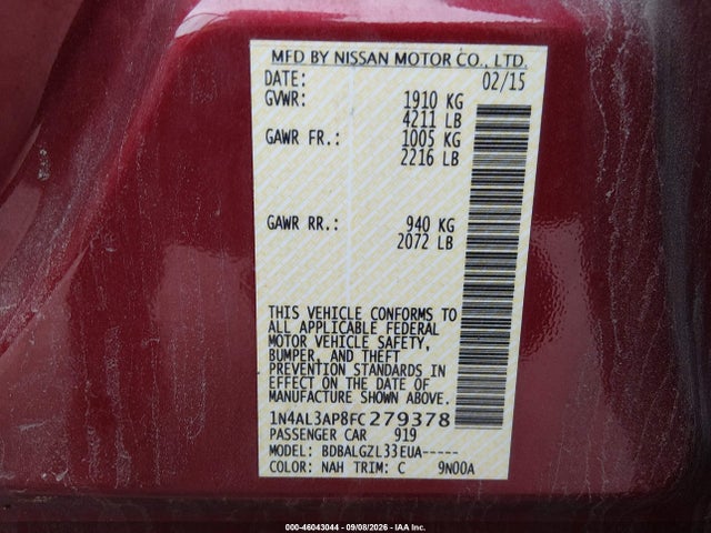 Aukcja sprzedaży 2015 Nissan Altima 2.5/2.5 S/2.5 Sl/2.5 Sv, vin: 1N4AL3AP8FC279378, numer aukcji: 46043044