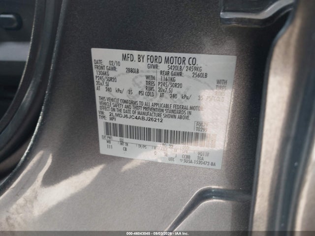 46043045 :رقم المزاد ، 2LMDJ6JC4ABJ26212 vin ، 2010 Lincoln Mkx مزاد بيع