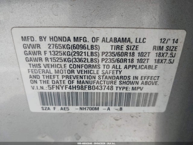 Honda Pilot Touring 2015 5FNYF4H98FB043748 Image 9