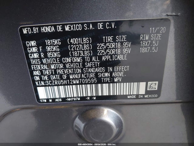 Продажа на аукционе авто 2021 Honda Hr-v 2wd Sport, vin: 3CZRU5H12MM709595, номер лота: 46043054