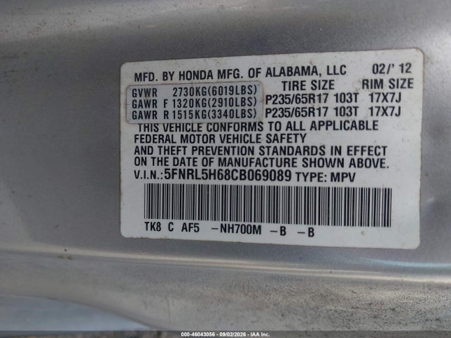 2012 Honda Odyssey Ex-l მანქანა იყიდება აუქციონზე, vin: 5FNRL5H68CB069089, აუქციონის ნომერი: 46043056