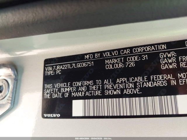 Продаж на аукціоні авто 2020 Volvo S60 T6 Inscription, vin: 7JRA22TL7LG036751, номер лоту: 46043064