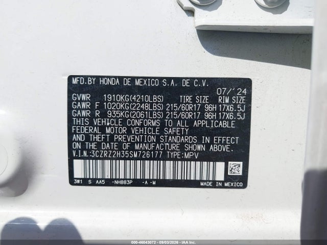 Продажа на аукционе авто 2025 Honda Hr-v Awd Lx, vin: 3CZRZ2H35SM726177, номер лота: 46043072