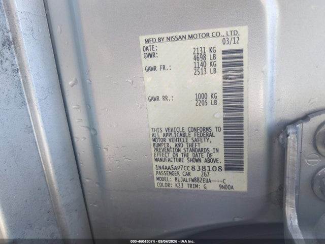 2012 Nissan Maxima 3.5 Sv მანქანა იყიდება აუქციონზე, vin: 1N4AA5AP7CC838108, აუქციონის ნომერი: 46043074