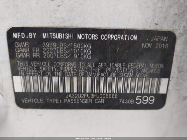 Продаж на аукціоні авто 2017 Mitsubishi Lancer Es, vin: JA32U2FU3HU005666, номер лоту: 46043077