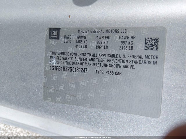 46043083 :رقم المزاد ، 1G1FB1RS2G0181247 vin ، 2016 Chevrolet Camaro 1lt مزاد بيع