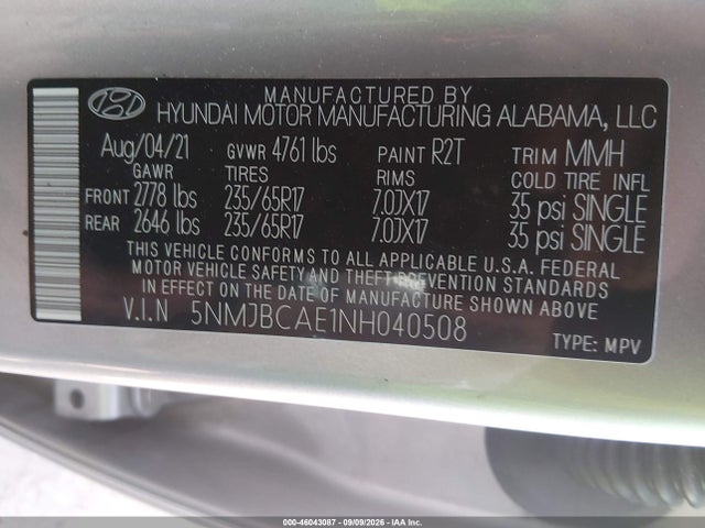 2022 Hyundai Tucson Sel მანქანა იყიდება აუქციონზე, vin: 5NMJBCAE1NH040508, აუქციონის ნომერი: 46043087