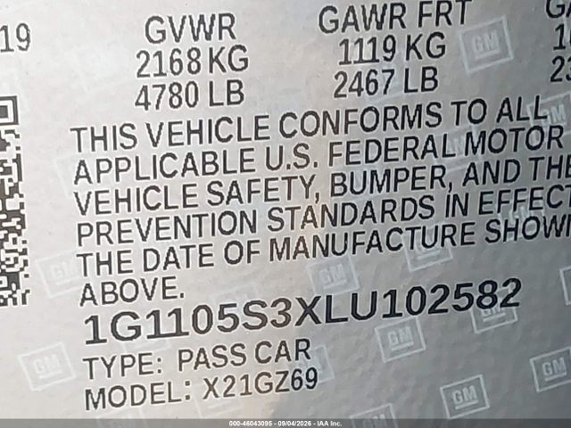 46043095 :رقم المزاد ، 1G1105S3XLU102582 vin ، 2020 Chevrolet Impala Fwd Premier مزاد بيع