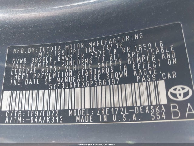 Aukcja sprzedaży 2016 Toyota Corolla S Plus, vin: 5YFBURHEXGP566197, numer aukcji: 46043094