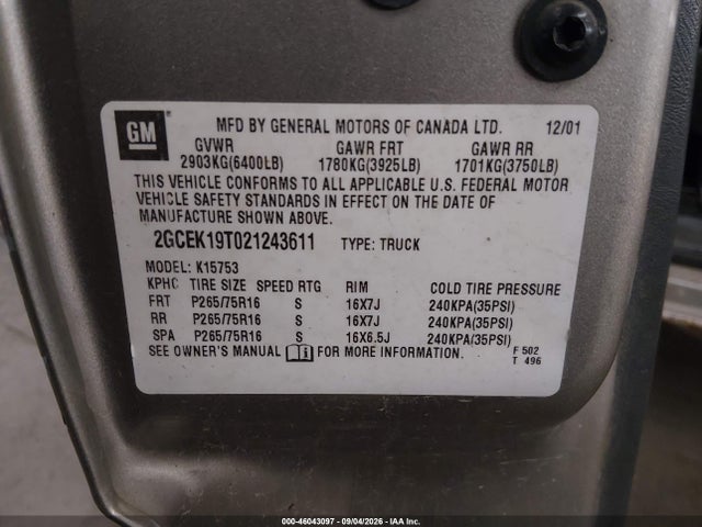 Продаж на аукціоні авто 2002 Chevrolet Silverado 1500 Ls, vin: 2GCEK19T021243611, номер лоту: 46043097