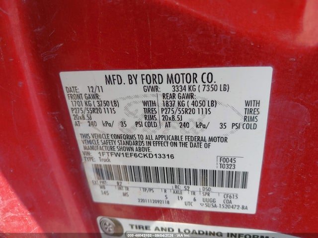 Aukcja sprzedaży 2012 Ford F-150 Xlt, vin: 1FTFW1EF6CKD13316, numer aukcji: 46043102