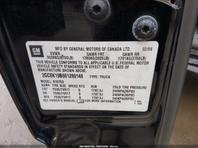 46043104 :رقم المزاد ، 2GCEK19B661289148 vin ، 2006 Chevrolet Silverado 1500 Lt1 مزاد بيع