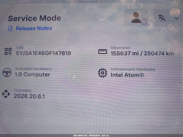 46043105 :رقم المزاد ، 5YJSA1E46GF147619 vin ، 2016 Tesla Model S مزاد بيع