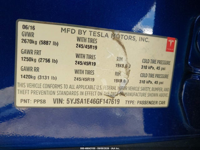 46043105 :رقم المزاد ، 5YJSA1E46GF147619 vin ، 2016 Tesla Model S مزاد بيع