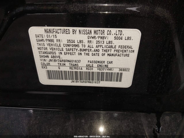 Aukcja sprzedaży 2015 Infiniti Q50 Premium, vin: JN1BV7AR6FM401637, numer aukcji: 46043109