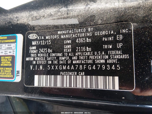 2015 Kia Optima Lx მანქანა იყიდება აუქციონზე, vin: 5XXGM4A78FG479345, აუქციონის ნომერი: 46043119