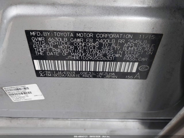 Aukcja sprzedaży 2016 Lexus Is 350, vin: JTHBE1D29G5026331, numer aukcji: 46043121