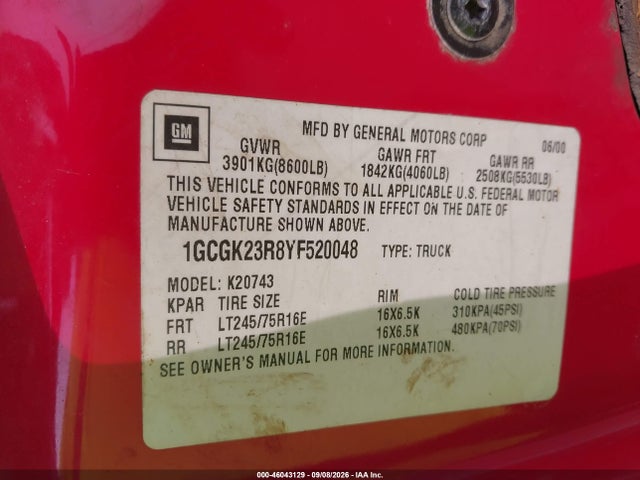 Aukcja sprzedaży 2000 Chevrolet K2500, vin: 1GCGK23R8YF520048, numer aukcji: 46043129