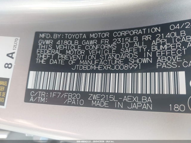 Aukcja sprzedaży 2024 Toyota Corolla Hybrid Le, vin: JTDBDMHEXRJ008991, numer aukcji: 46043131