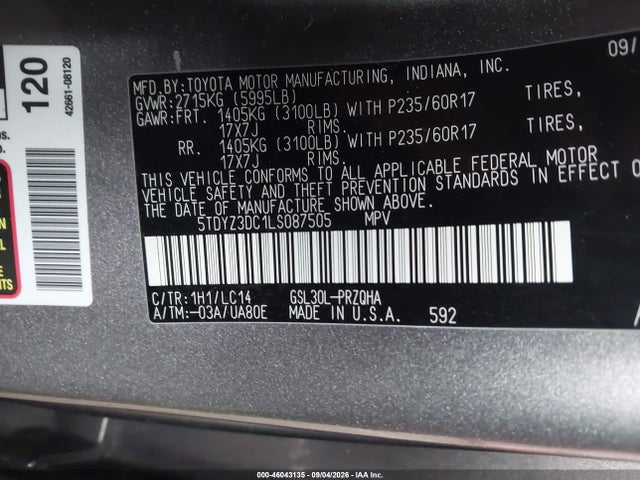 Aukcja sprzedaży 2020 Toyota Sienna Xle, vin: 5TDYZ3DC1LS087505, numer aukcji: 46043135