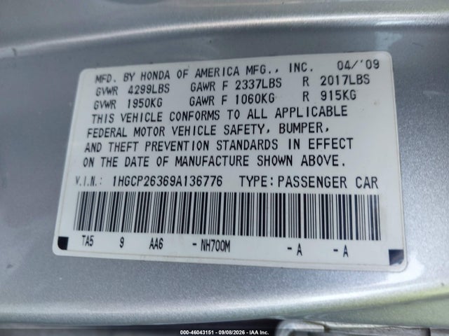 2009 Honda Accord 2.4 Lx მანქანა იყიდება აუქციონზე, vin: 1HGCP26369A136776, აუქციონის ნომერი: 46043151