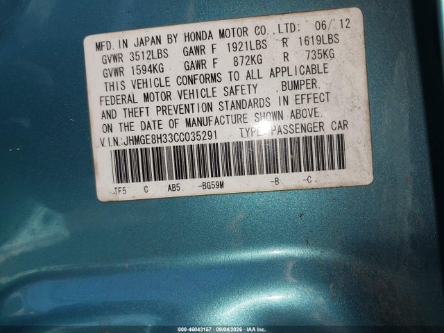 46043157 :رقم المزاد ، JHMGE8H33CC035291 vin ، 2012 Honda Fit مزاد بيع