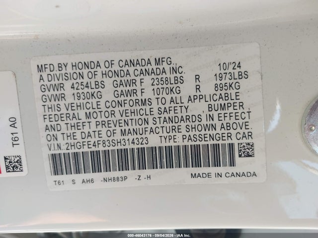 Продаж на аукціоні авто 2025 Honda Civic Hybrid Sport/sport Touring, vin: 2HGFE4F83SH314323, номер лоту: 46043176