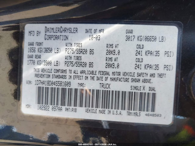 46043181 :رقم المزاد ، 1D7HA18D04S581609 vin ، 2004 Dodge Ram 1500 Slt/laramie مزاد بيع