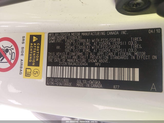 46043185 :رقم المزاد ، 2T2ZK1BA3AC030464 vin ، 2010 Lexus Rx 350 مزاد بيع