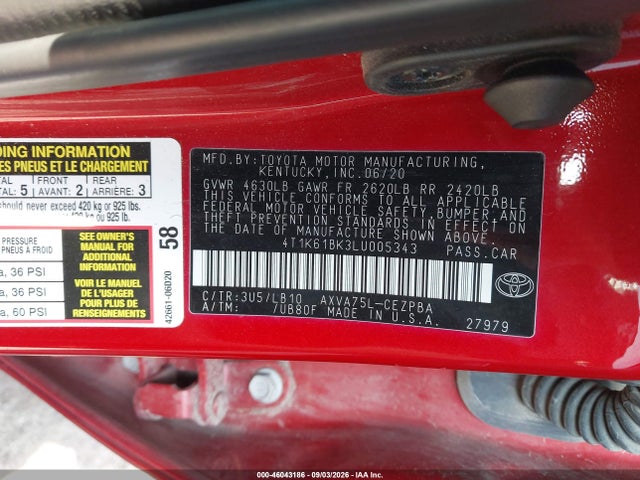 Auction sale of the 2020 Toyota Camry Xse Awd, vin: 4T1K61BK3LU005343, lot number: 46043186