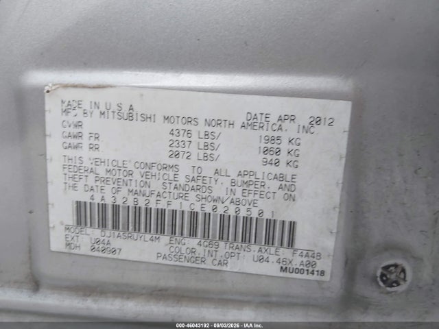 Продаж на аукціоні авто 2012 Mitsubishi Galant Fe, vin: 4A32B2FF1CE020501, номер лоту: 46043192
