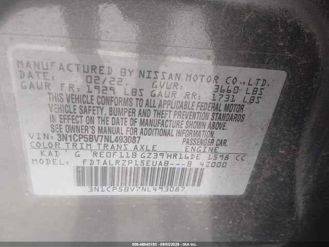 Aukcja sprzedaży 2022 Nissan Kicks S Xtronic Cvt, vin: 3N1CP5BV7NL493087, numer aukcji: 46043193