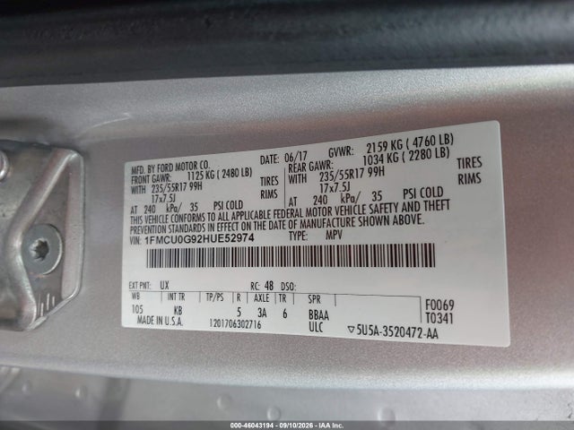 46043194 :رقم المزاد ، 1FMCU0G92HUE52974 vin ، 2017 Ford Escape Se مزاد بيع