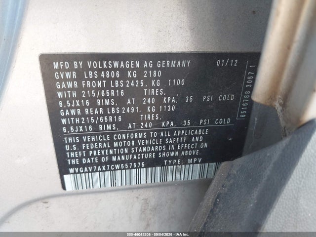 Продаж на аукціоні авто 2012 Volkswagen Tiguan S, vin: WVGAV7AX7CW557575, номер лоту: 46043206
