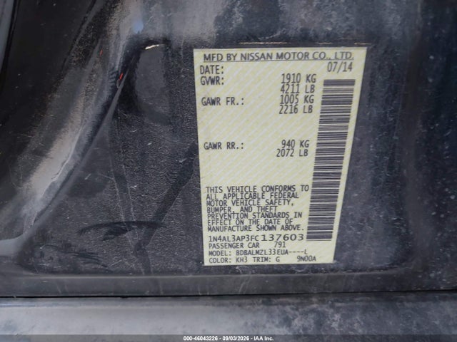 Продаж на аукціоні авто 2015 Nissan Altima 2.5 Sv, vin: 1N4AL3AP3FC137603, номер лоту: 46043226