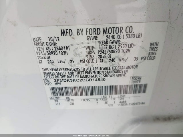 2013 Ford Edge Limited მანქანა იყიდება აუქციონზე, vin: 2FMDK3KC2DBB14540, აუქციონის ნომერი: 46043227