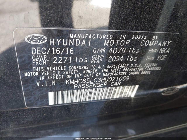 Aukcja sprzedaży 2017 Hyundai Ioniq Hybrid Limited, vin: KMHC85LC3HU021059, numer aukcji: 46043232