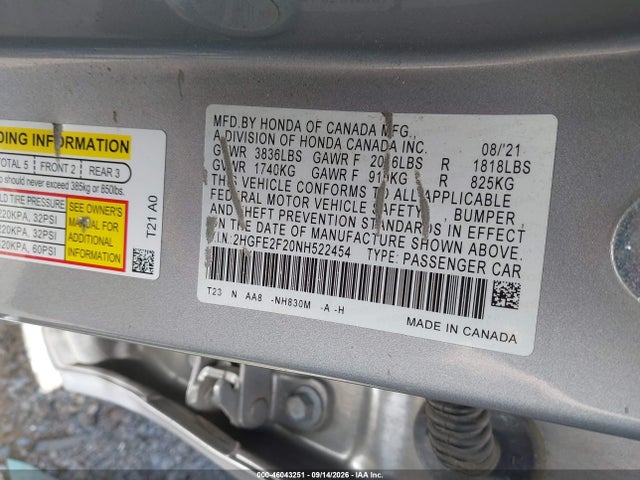 46043251 :رقم المزاد ، 2HGFE2F20NH522454 vin ، 2022 Honda Civic Lx مزاد بيع