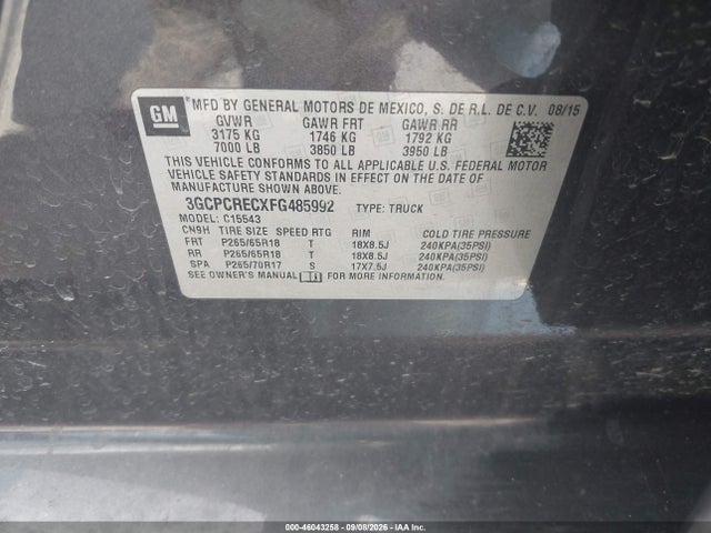 46043258 :رقم المزاد ، 3GCPCRECXFG485992 vin ، 2015 Chevrolet Silverado 1500 Lt مزاد بيع
