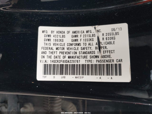 Продажа на аукционе авто 2013 Honda Accord Ex-l, vin: 1HGCR2F8XDA229797, номер лота: 46043260