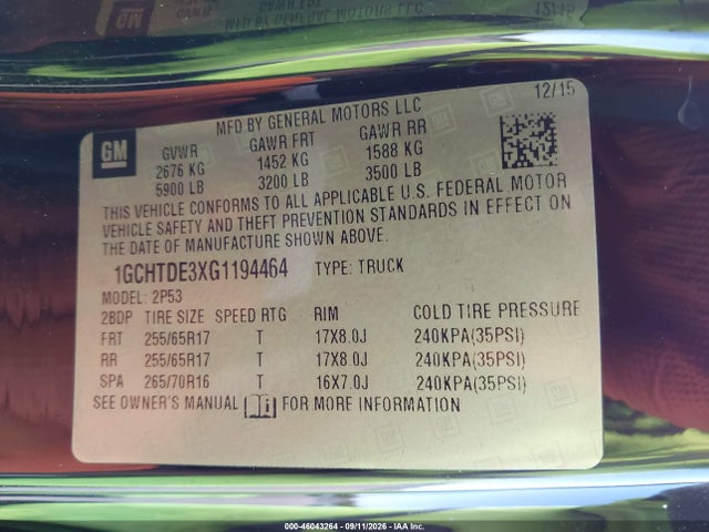 Aukcja sprzedaży 2016 Chevrolet Colorado Z71, vin: 1GCHTDE3XG1194464, numer aukcji: 46043264