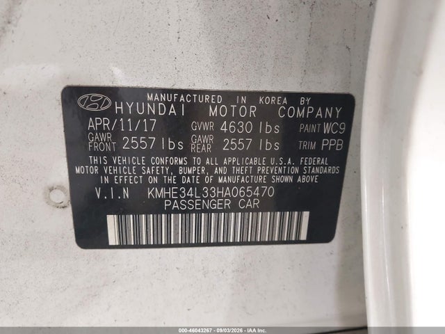 Продажа на аукционе авто 2017 Hyundai Sonata Hybrid Limited, vin: KMHE34L33HA065470, номер лота: 46043267