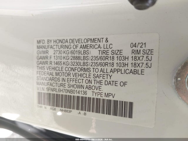 46043272 :رقم المزاد ، 5FNRL6H70NB014136 vin ، 2022 Honda Odyssey Ex-l مزاد بيع