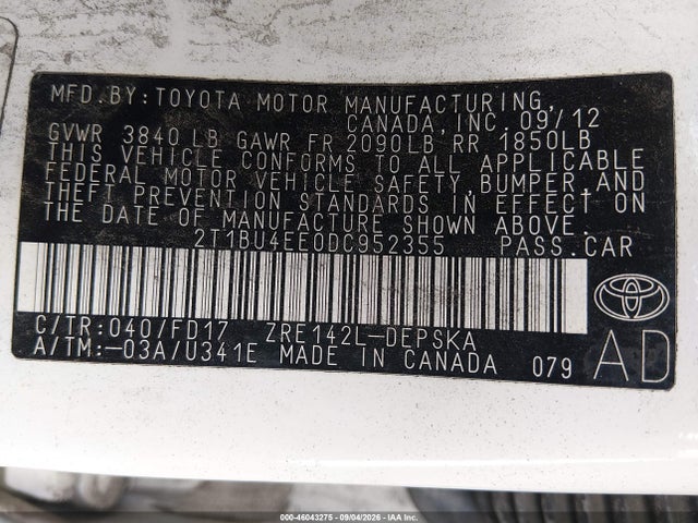 Aukcja sprzedaży 2013 Toyota Corolla S, vin: 2T1BU4EE0DC952355, numer aukcji: 46043275