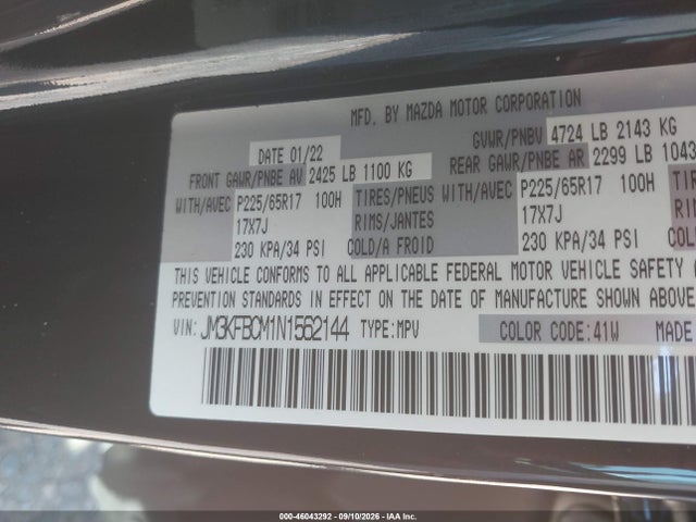 2022 Mazda Cx-5 2.5 S Preferred მანქანა იყიდება აუქციონზე, vin: JM3KFBCM1N1562144, აუქციონის ნომერი: 46043292