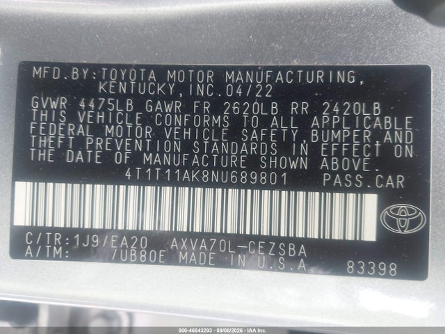 Toyota CAMRY SE 2022 4T1T11AK8NU689801 Image 9